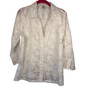 Erin London Romantic White Lace Sheer Floral‎ Cutout Button Shirt Women's Size S